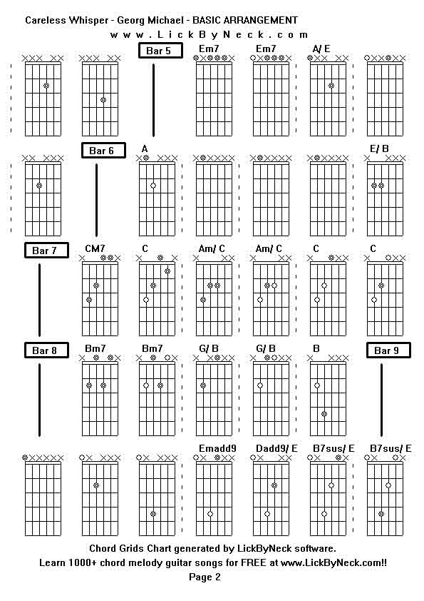 Chord Grids Chart of chord melody fingerstyle guitar song-Careless Whisper - Georg Michael - BASIC ARRANGEMENT,generated by LickByNeck software.